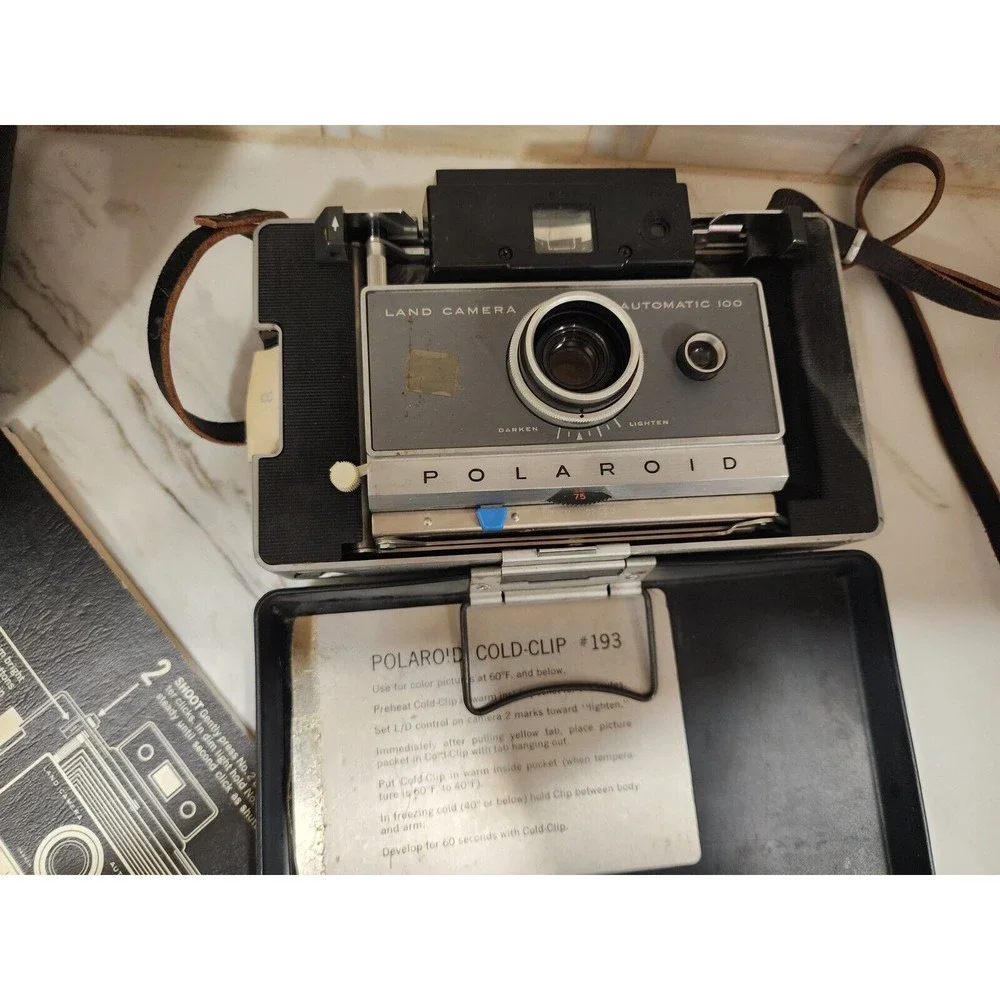 1970s Polaroid Automatic 100 Land Camera w/Bag Film Booklet and Extras Working